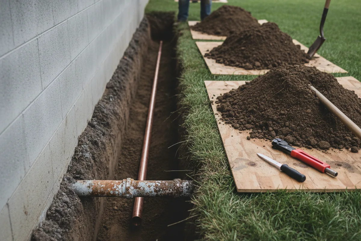 Excavated water line trench during Water Softener Installation in Rocklin